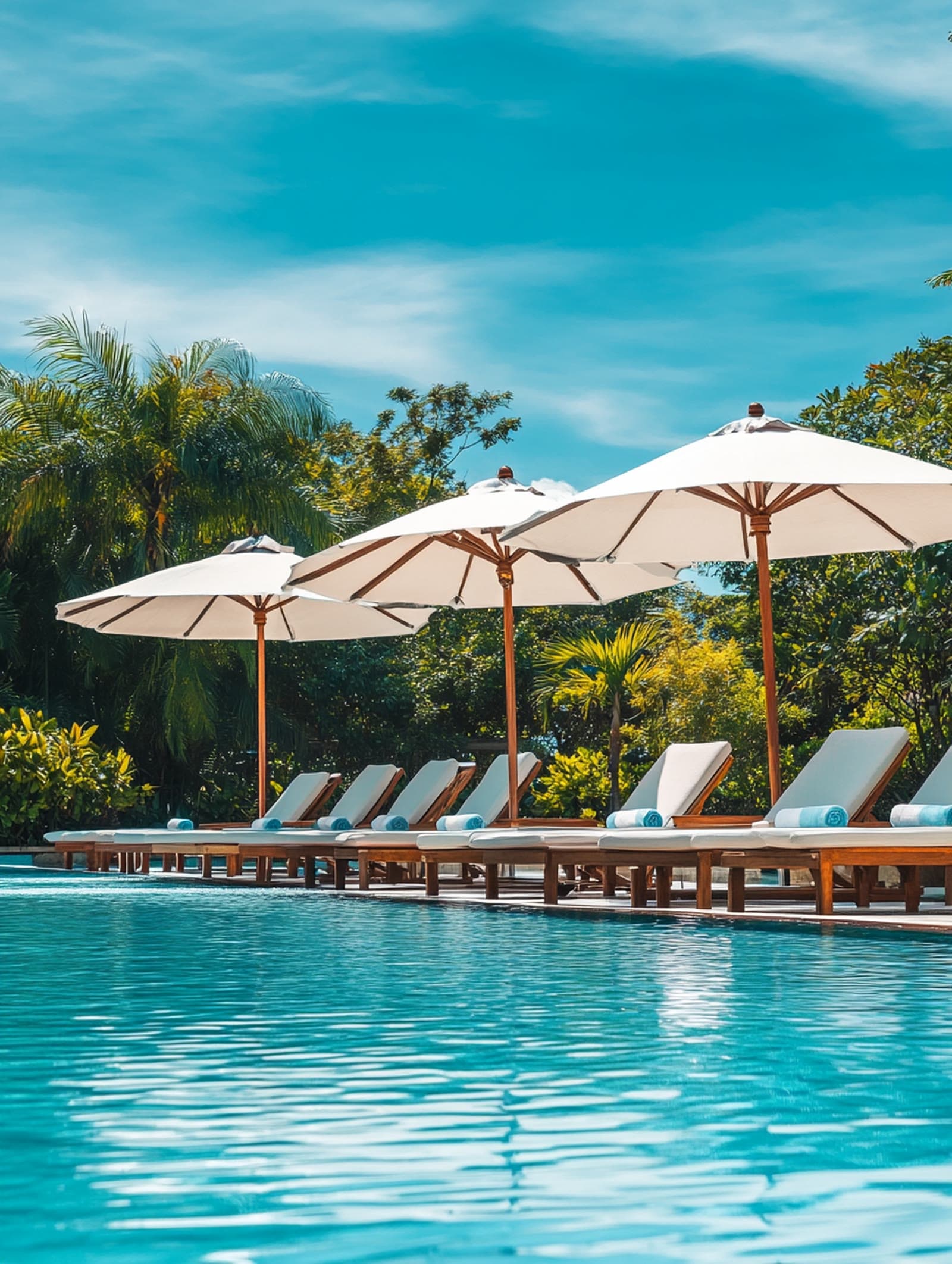 Resort pool with parasols and loungers