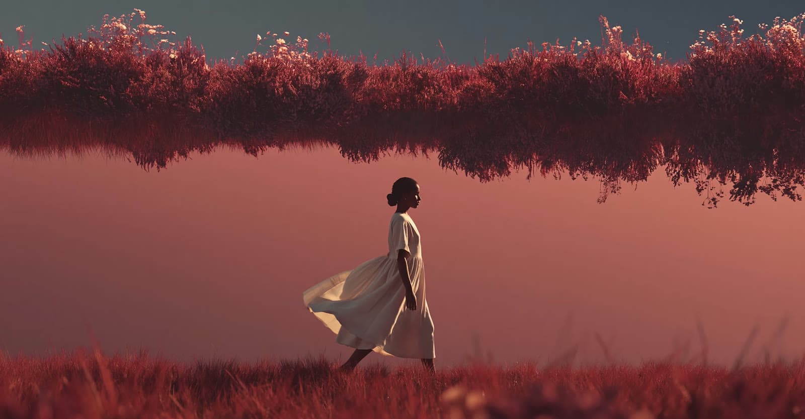 Woman walking through a mirrored field