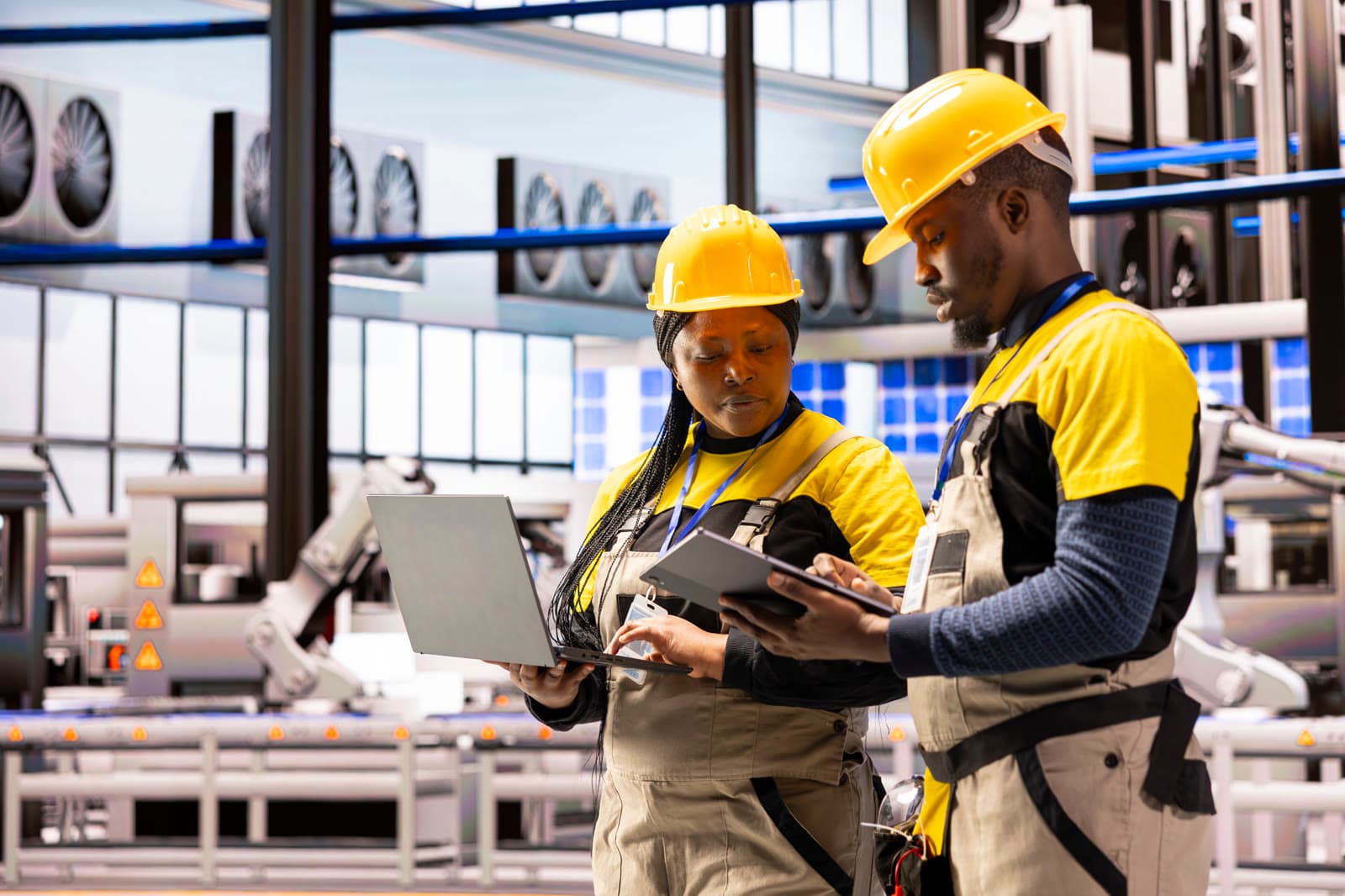 Workers in hard hats reviewing a tablet