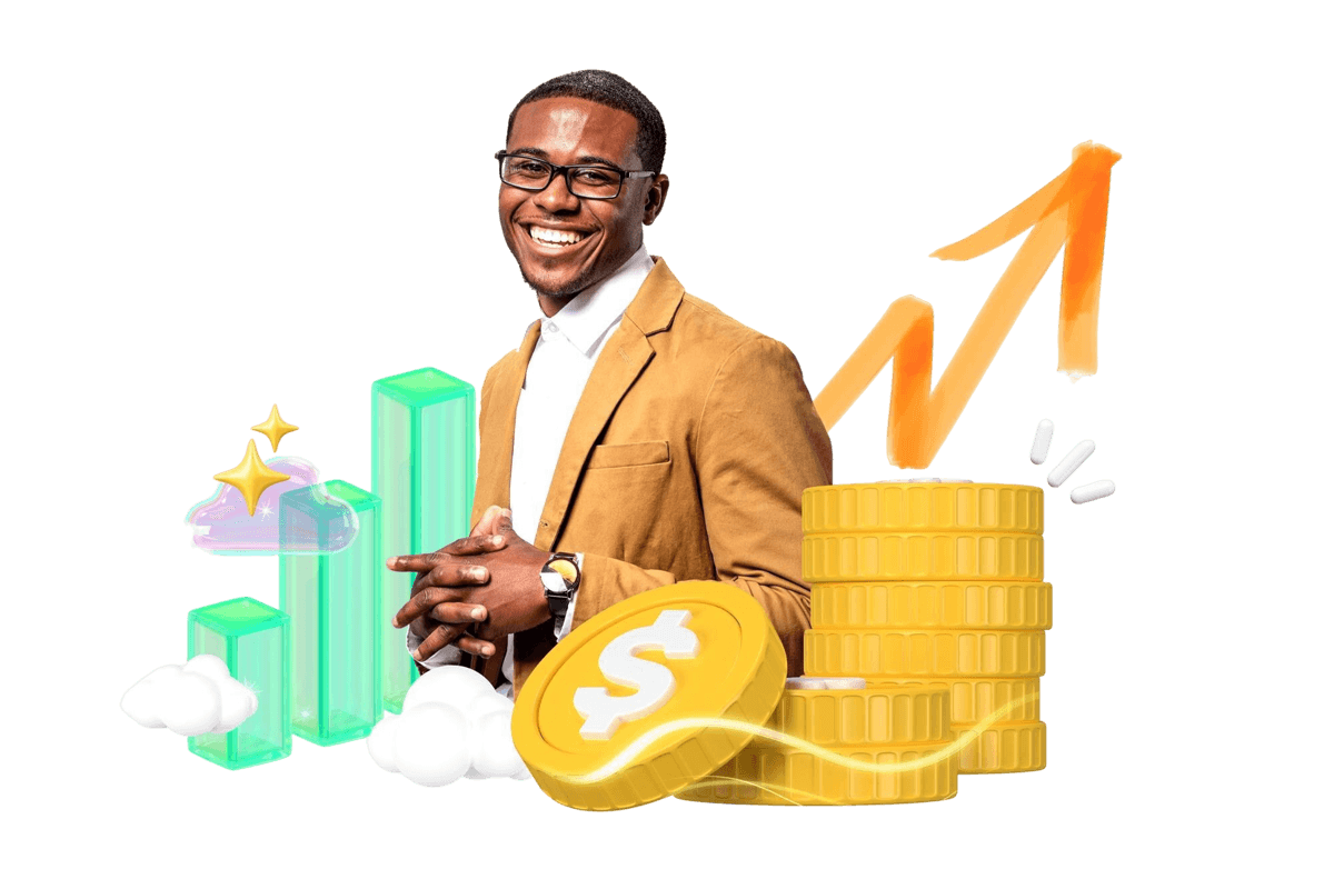 Businessman with coins and a growth arrow