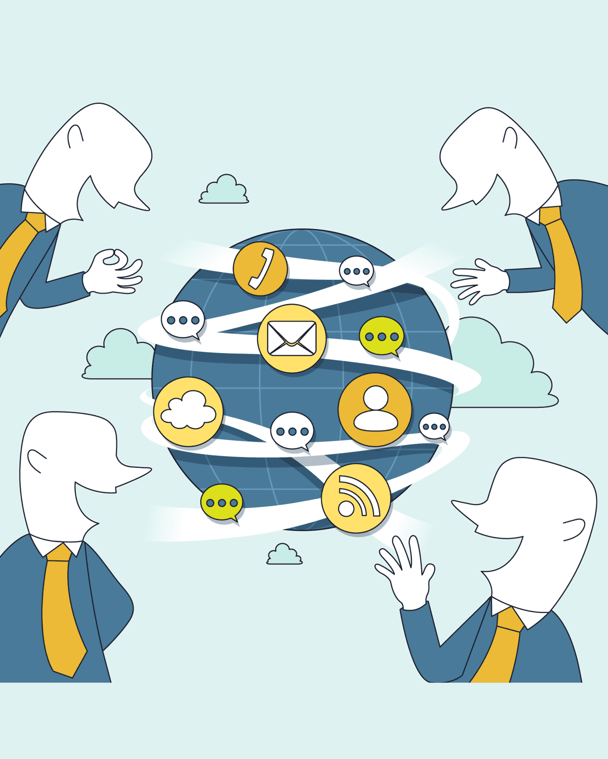 Illustration of business people around a globe