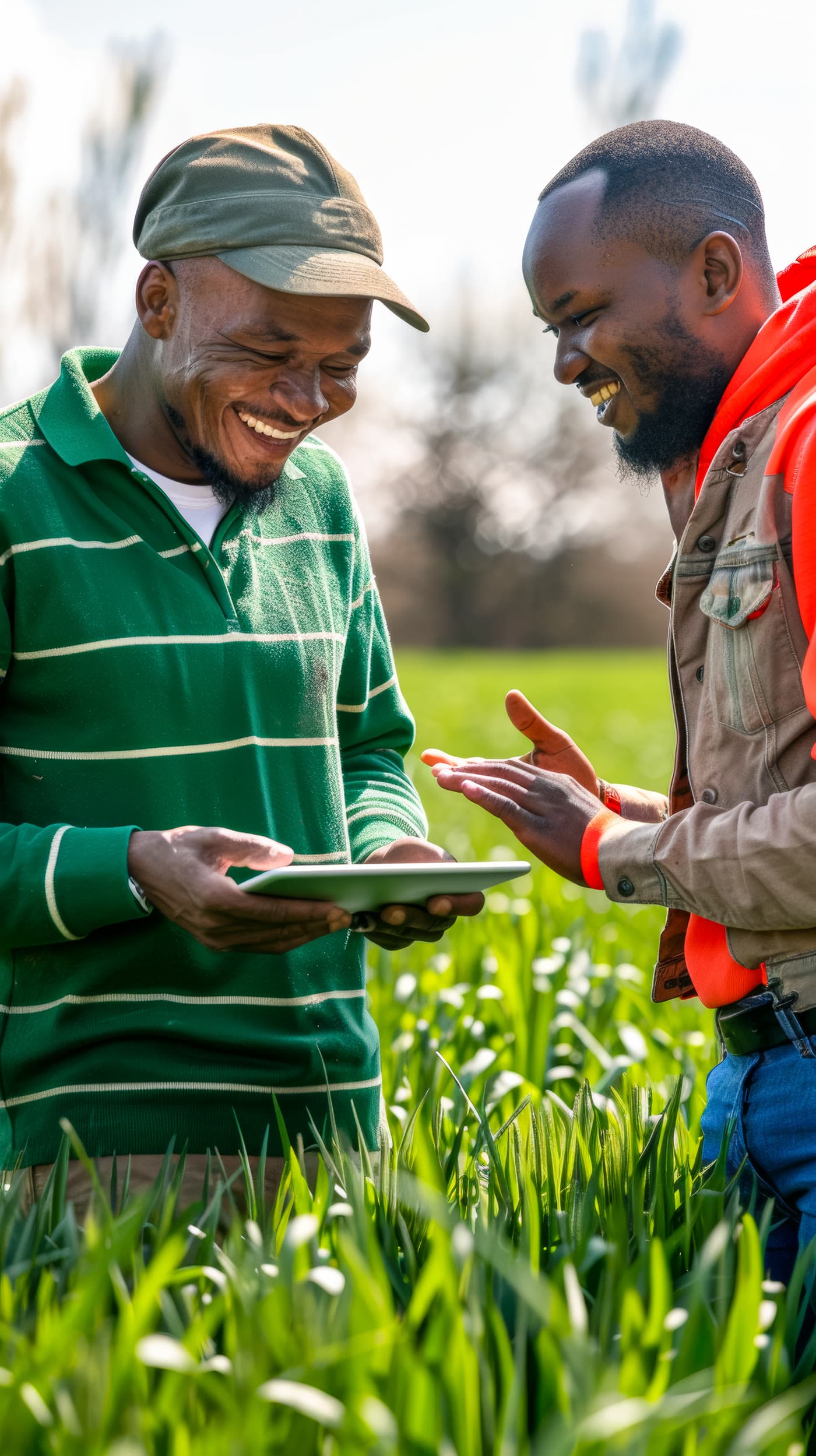 Two men laughing at a tablet outdoors
