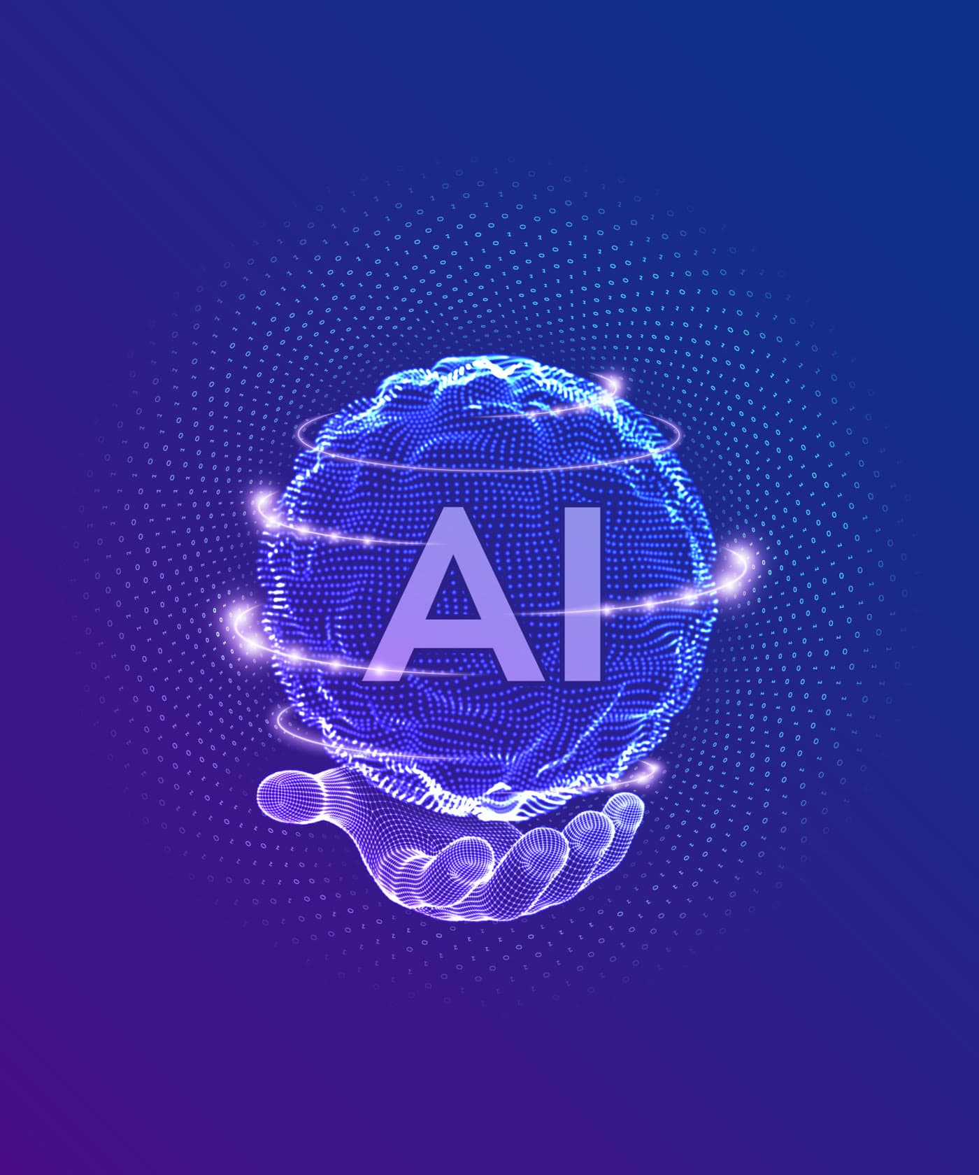 Dotted AI sphere held in a wireframe hand