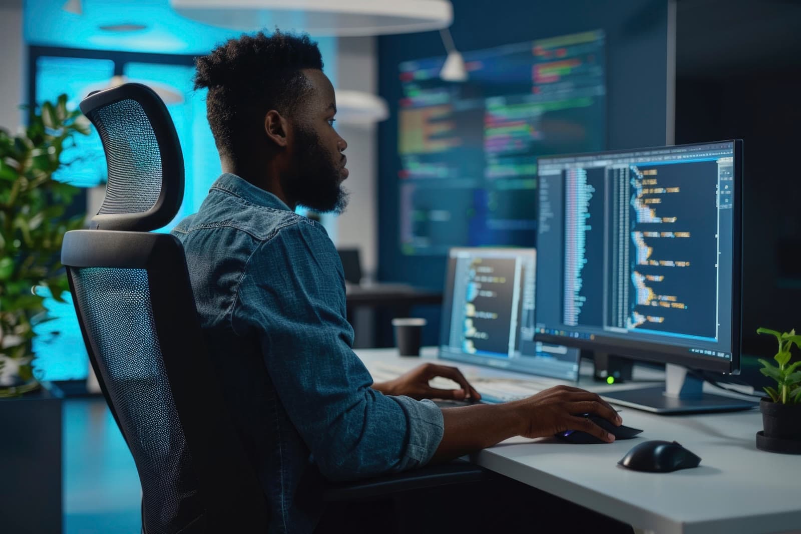 Developer working at a dual monitor desk