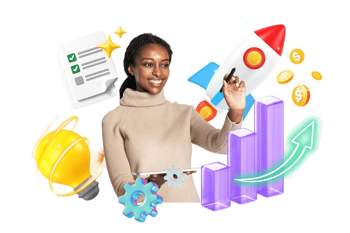 Woman with a rocket and marketing icons